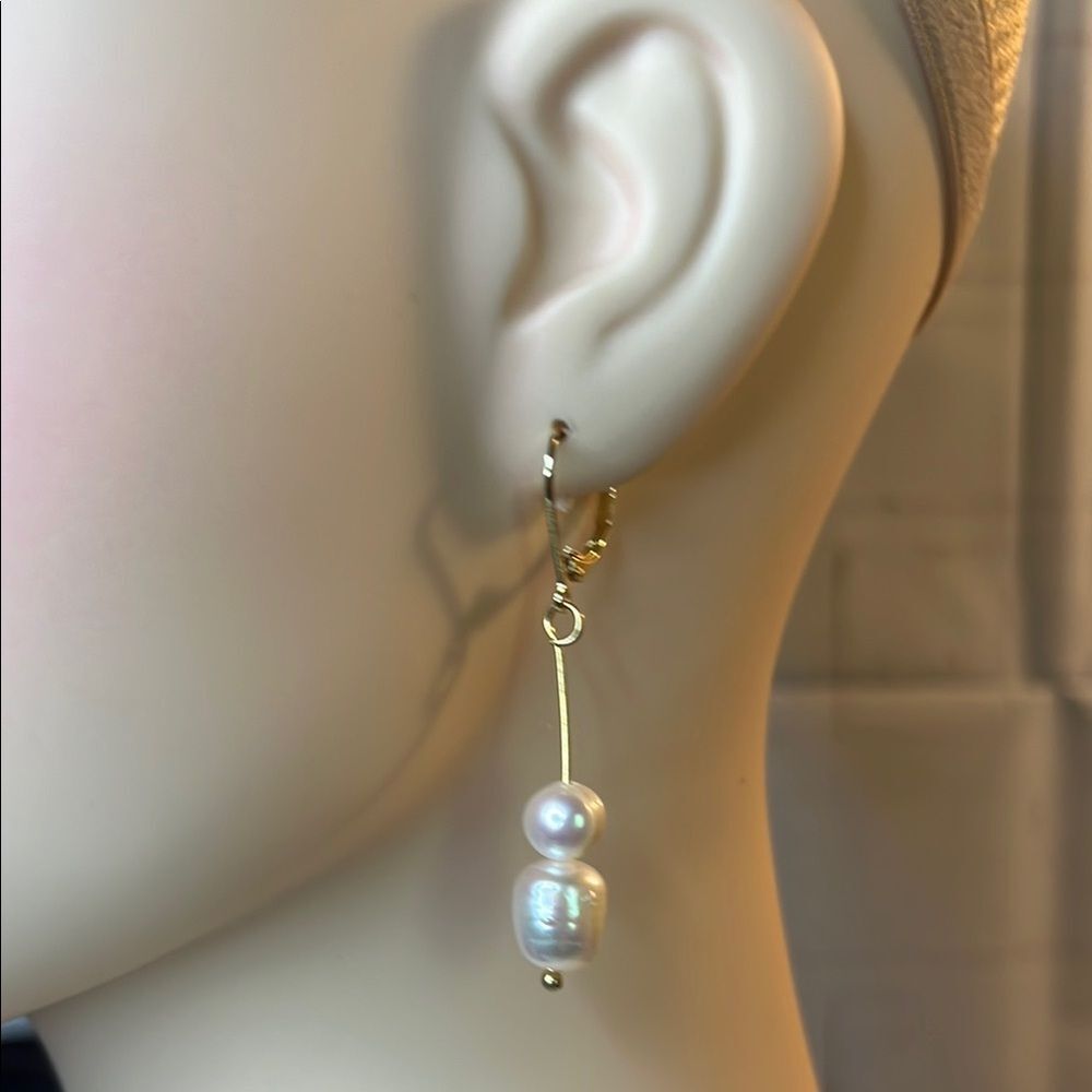 9-10mm Double Natural Pearl Bar Dangle Earrings 14Yg/ 925 silver